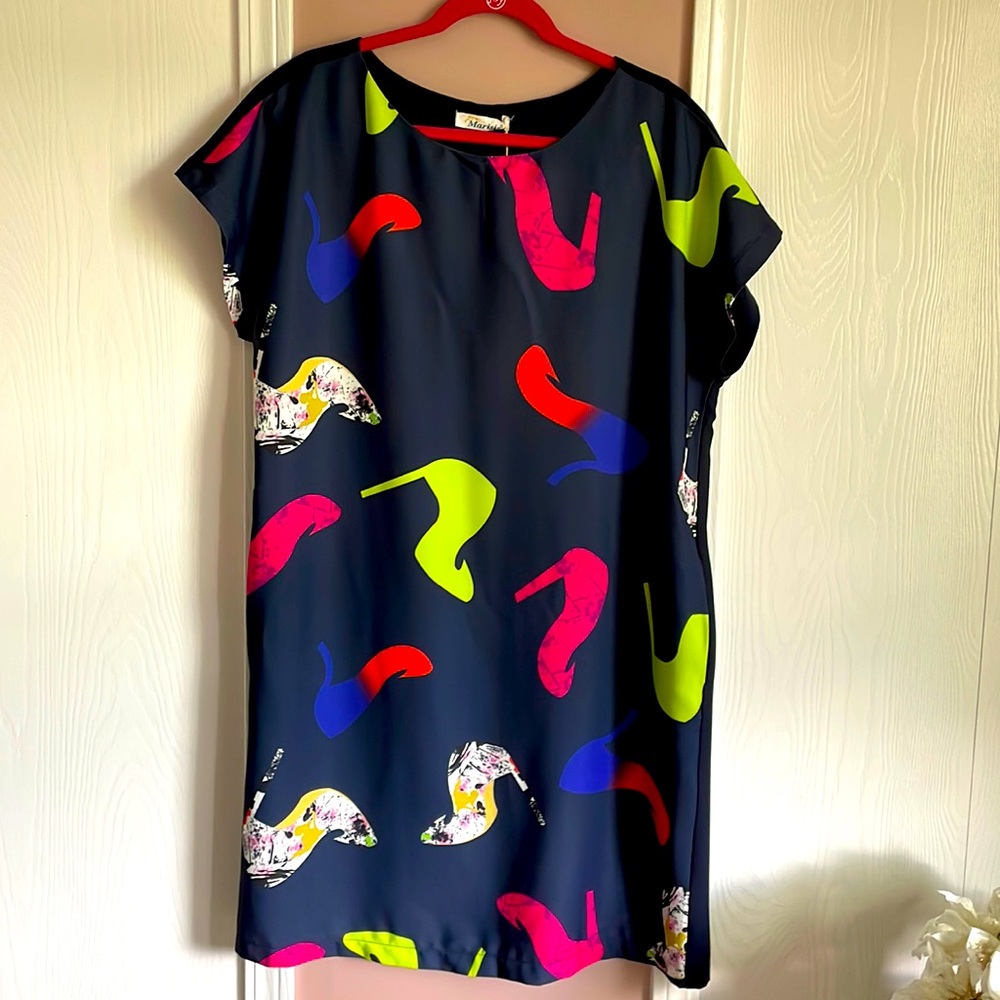 “Marisis” navy blue printed dress. Size L - Picture 1 of 8